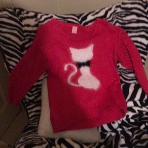 Girls sparkle pink, furry, bow-tied cat sweater